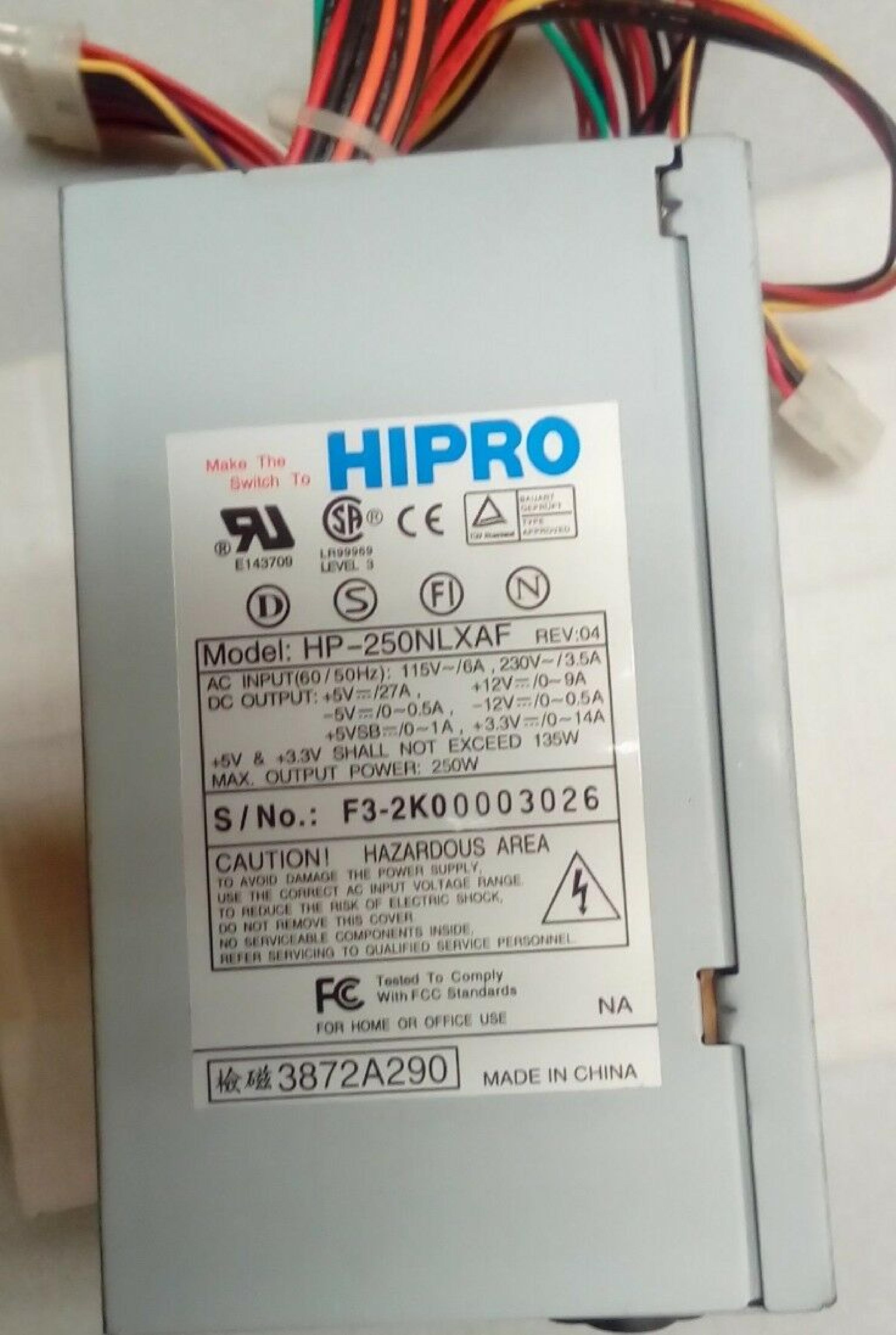 HIPRO HP-250NLXAF PWR SUPPLY, 250W, HP-250NLXAF REV: 04