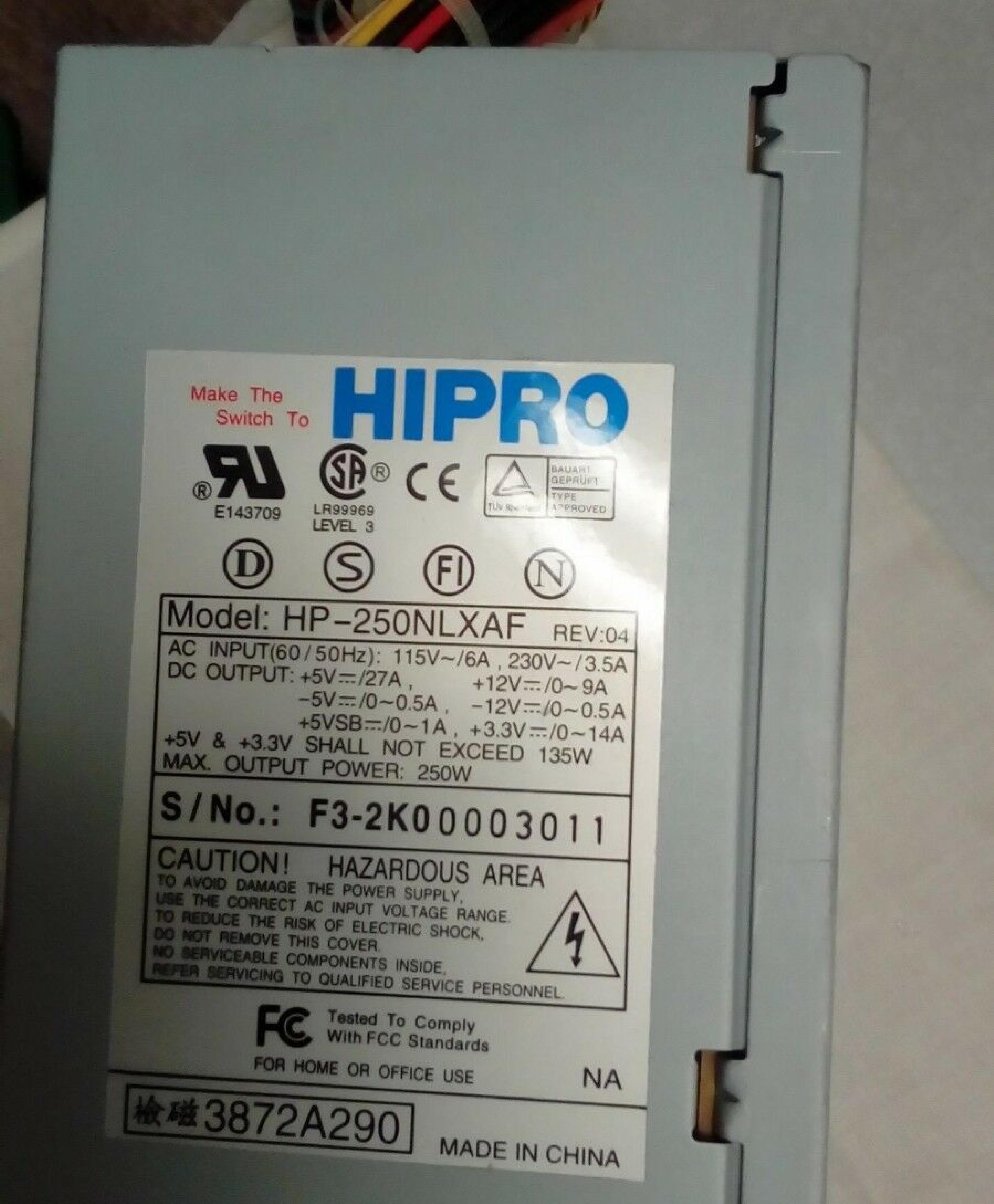 HIPRO HP-250NLXAF PWR SUPPLY, 250W, HP-250NLXAF REV: 04